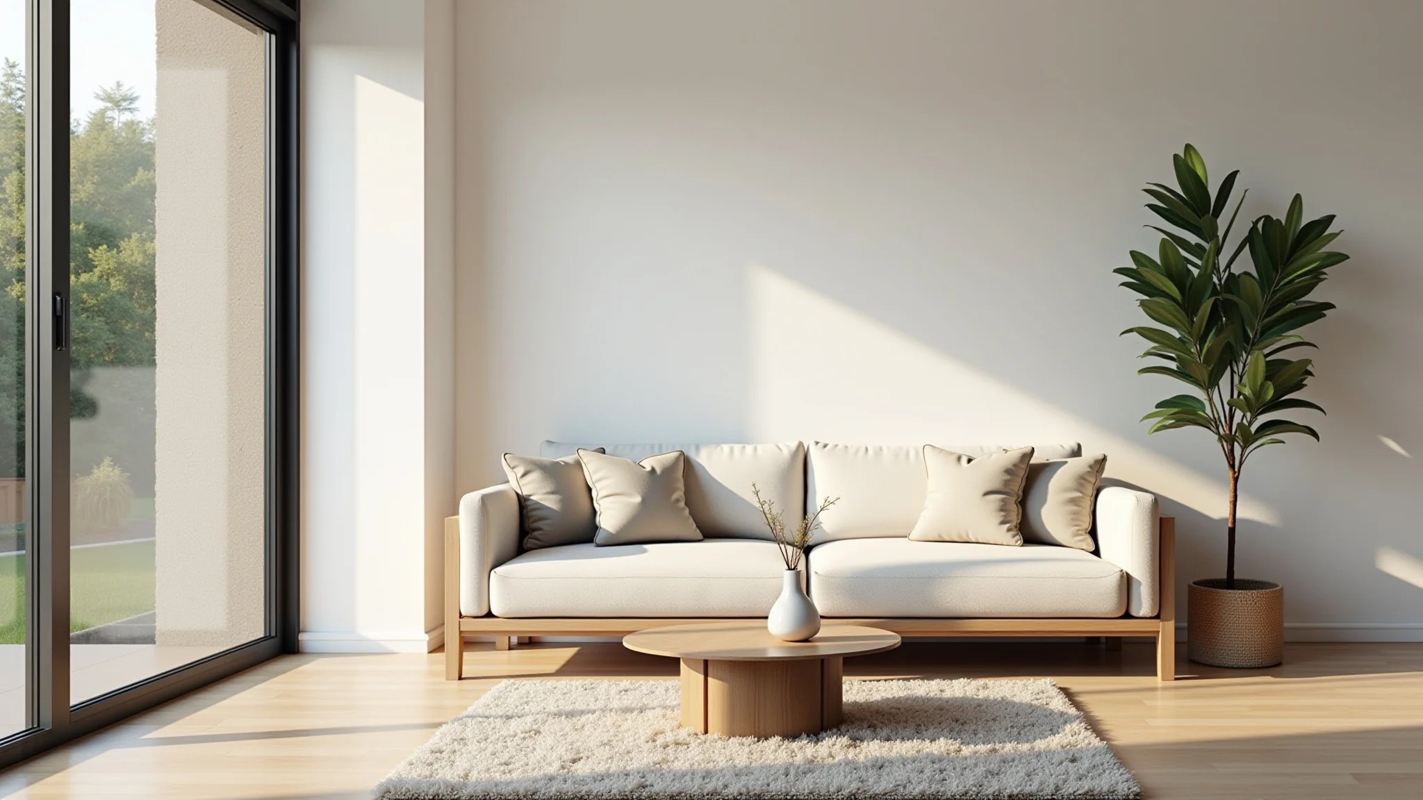 Sala de estar clean com decoração minimalista e iluminação natural.