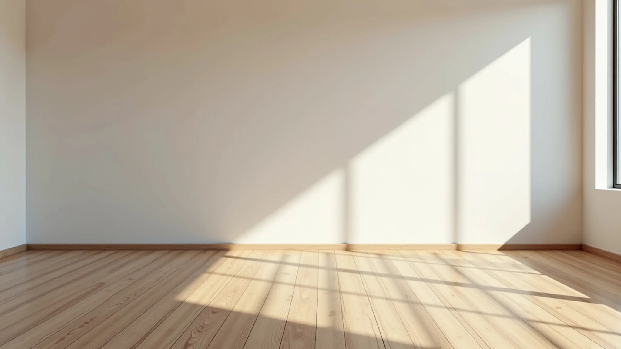 Sala de estar clean com cores neutras, piso de madeira e iluminação suave.