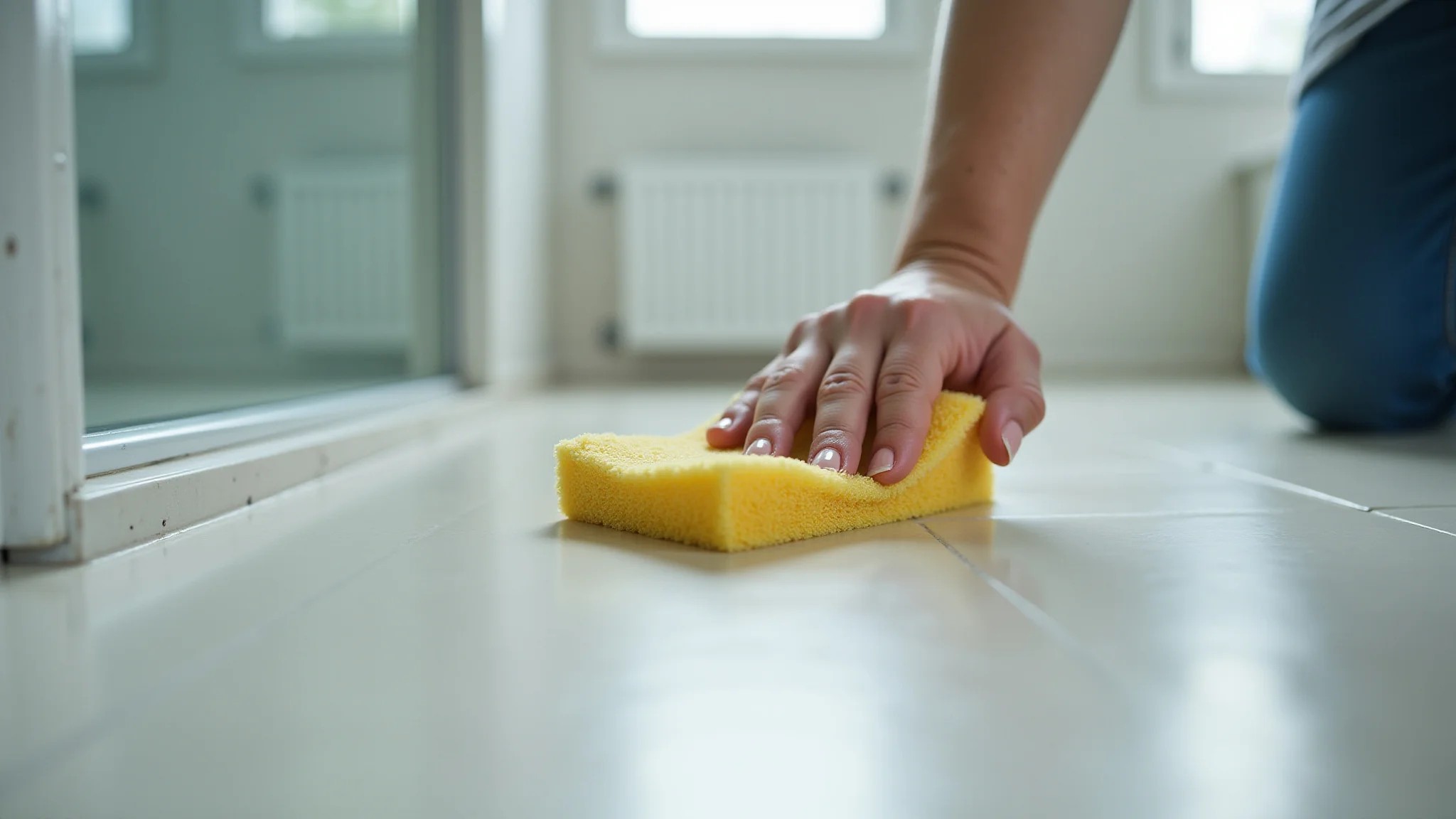 Limpando piso do banheiro com esponja abrasiva.