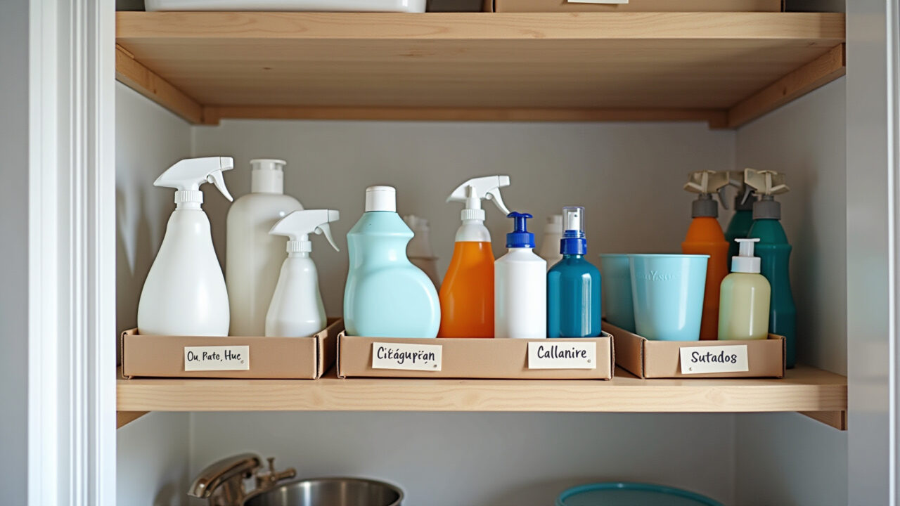 Produtos de limpeza organizados por categoria em caixas etiquetadas.