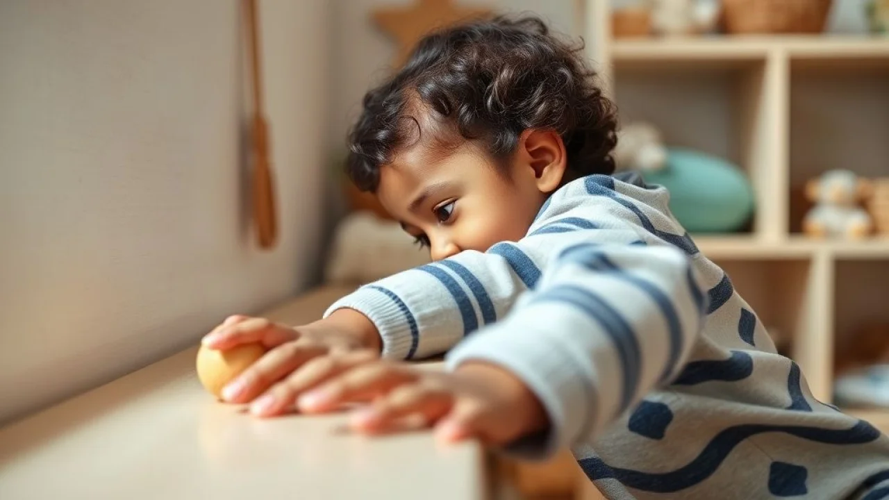 Criança brasileira alcançando brinquedo em prateleira baixa, quarto Montessoriano, foco na autonomia.