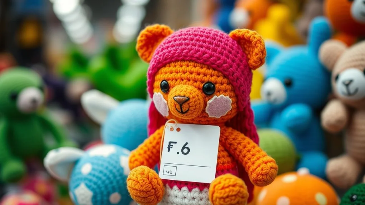 Amigurumi com etiqueta de preço. Crochê, amigurumi, venda.
