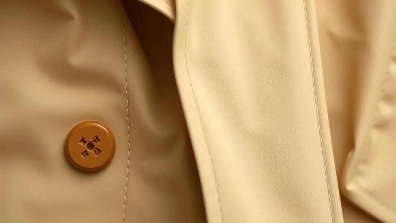 Detalhe do tecido gabardine de um trench coat bege. Qualidade e durabilidade.