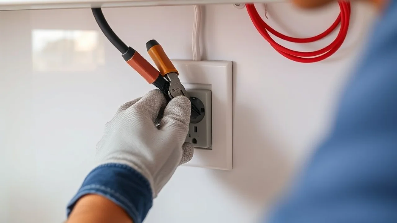 Eletricista brasileiro instalando tomada na cozinha com segurança.
