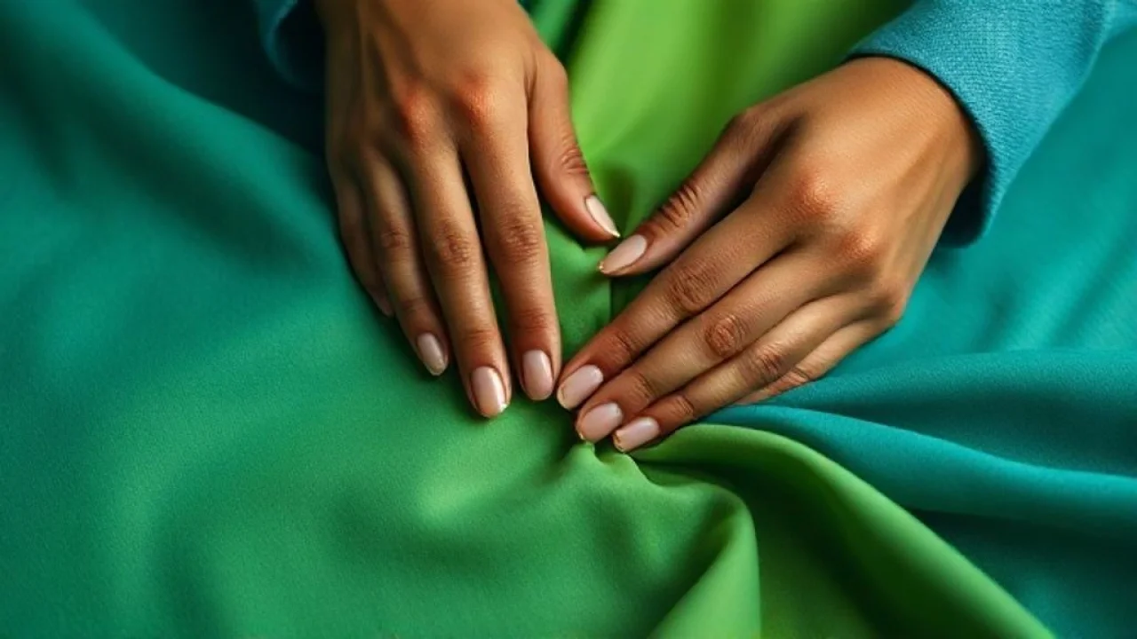 Designer de moda brasileira combinando tecidos em cores análogas. Detalhe das mãos.