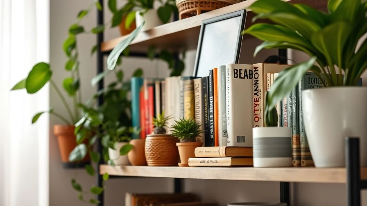 Rack com livros organizados, plantas e objetos decorativos em estilo brasileiro.
