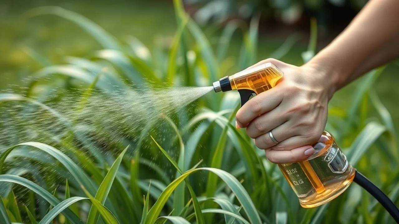 Mulher aplicando solução caseira de vinagre e detergente na tiririca.