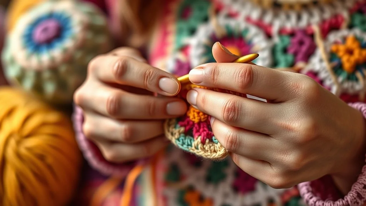 Mãos de crocheteira brasileira criando peça colorida. Crochê, artesanato, habilidade.