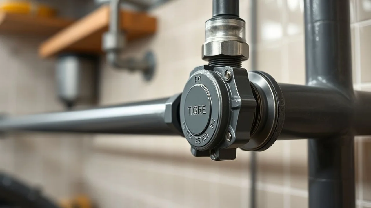 Conexão de tubulação de gás certificada pelo INMETRO em cozinha brasileira, garantindo segurança.