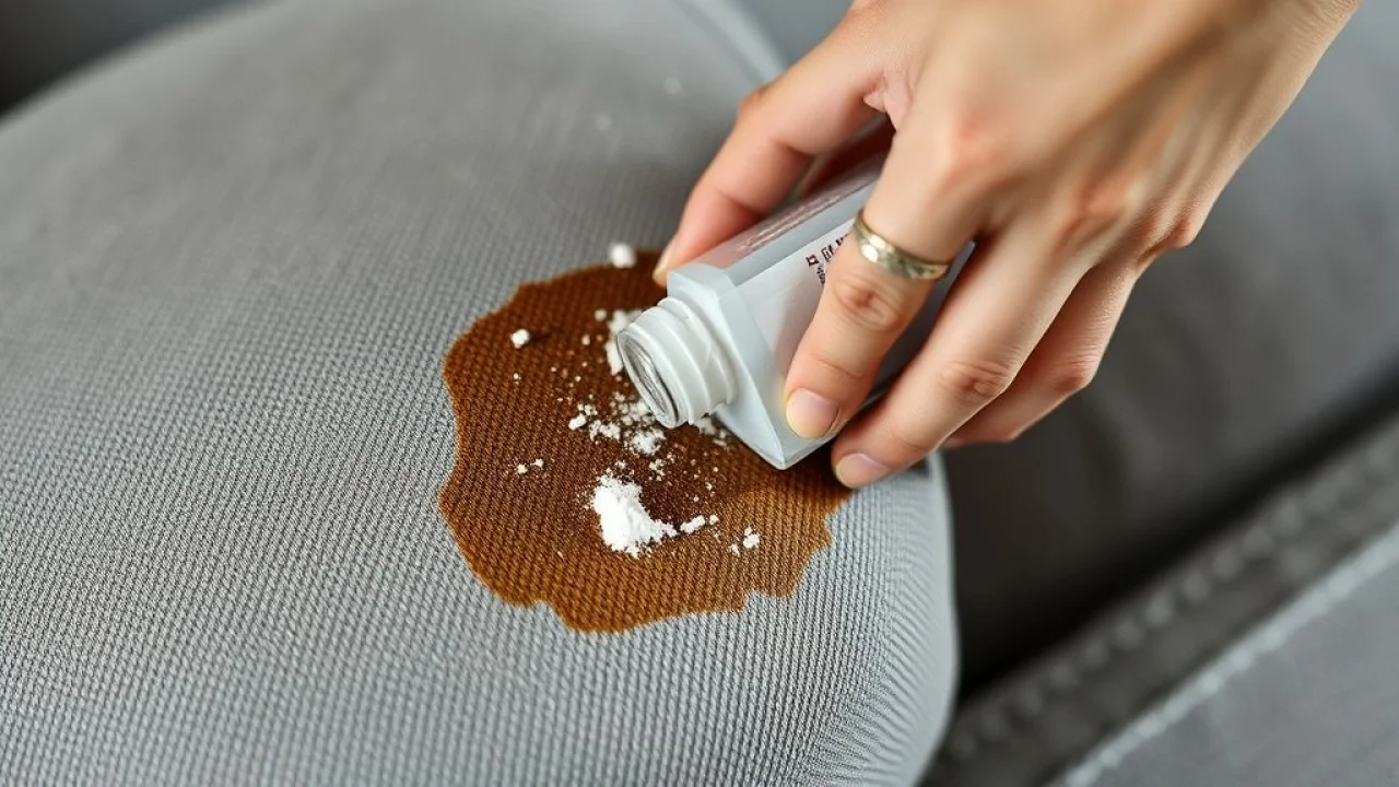 Removendo mancha de café do sofá com bicarbonato de sódio.