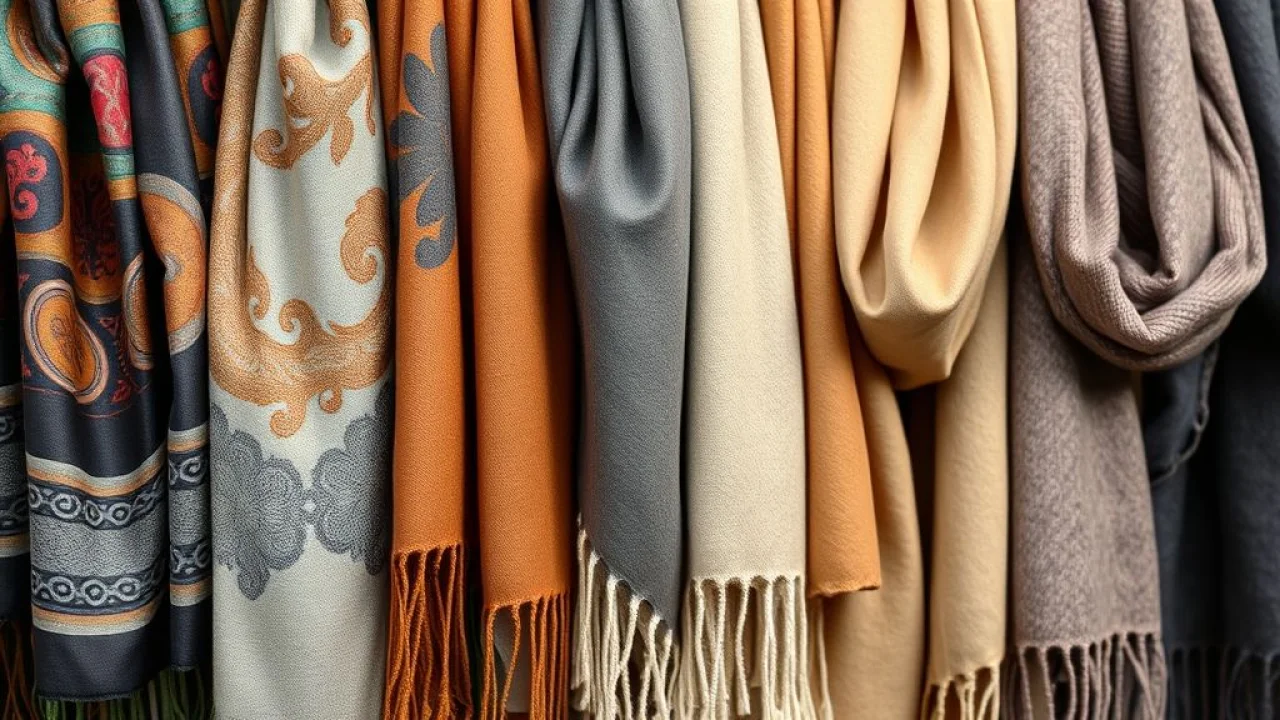 Variedade de lenços e echarpes em uma boutique brasileira, seda, lã e algodão, com cores e estampas diversas.