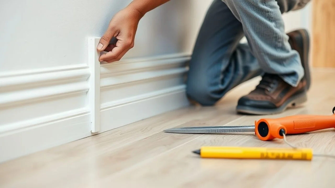 Instalação de rodapé de PVC branco em piso de madeira clara. Detalhe do trabalho manual.