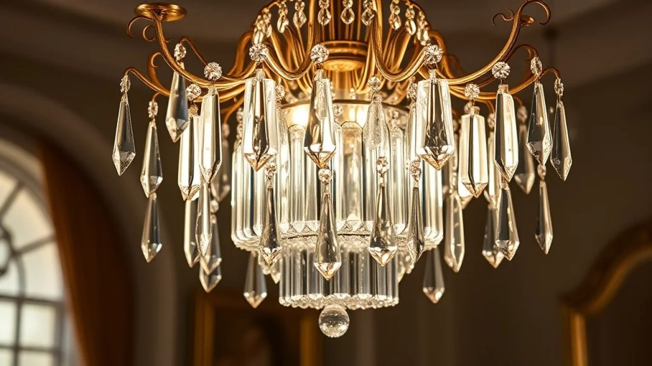 Detalhe de um lustre de cristal refletindo luz, criando um efeito deslumbrante.