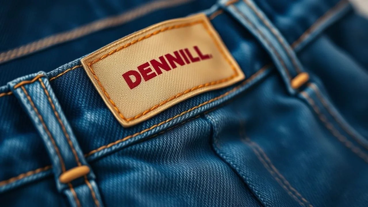 Etiqueta de jeans mostrando composição do tecido. Qualidade e durabilidade.