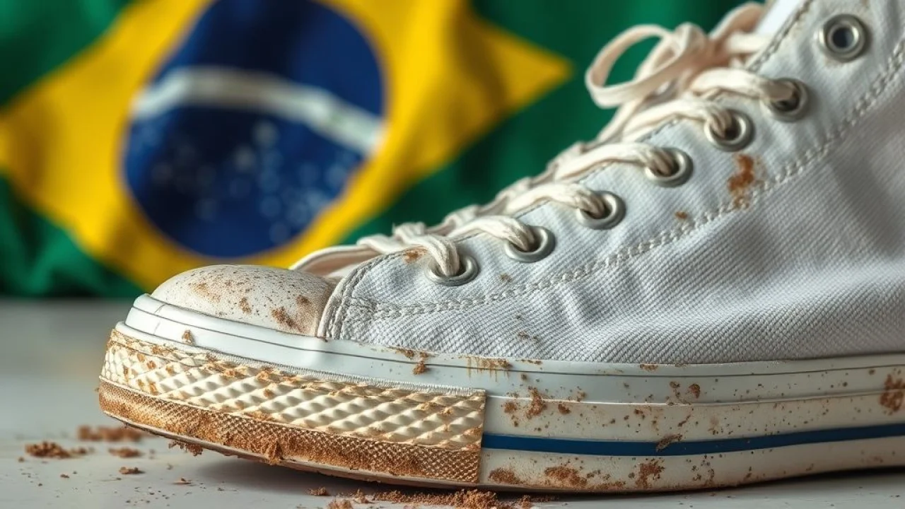 Tênis branco de tecido muito sujo antes da limpeza com bicarbonato.