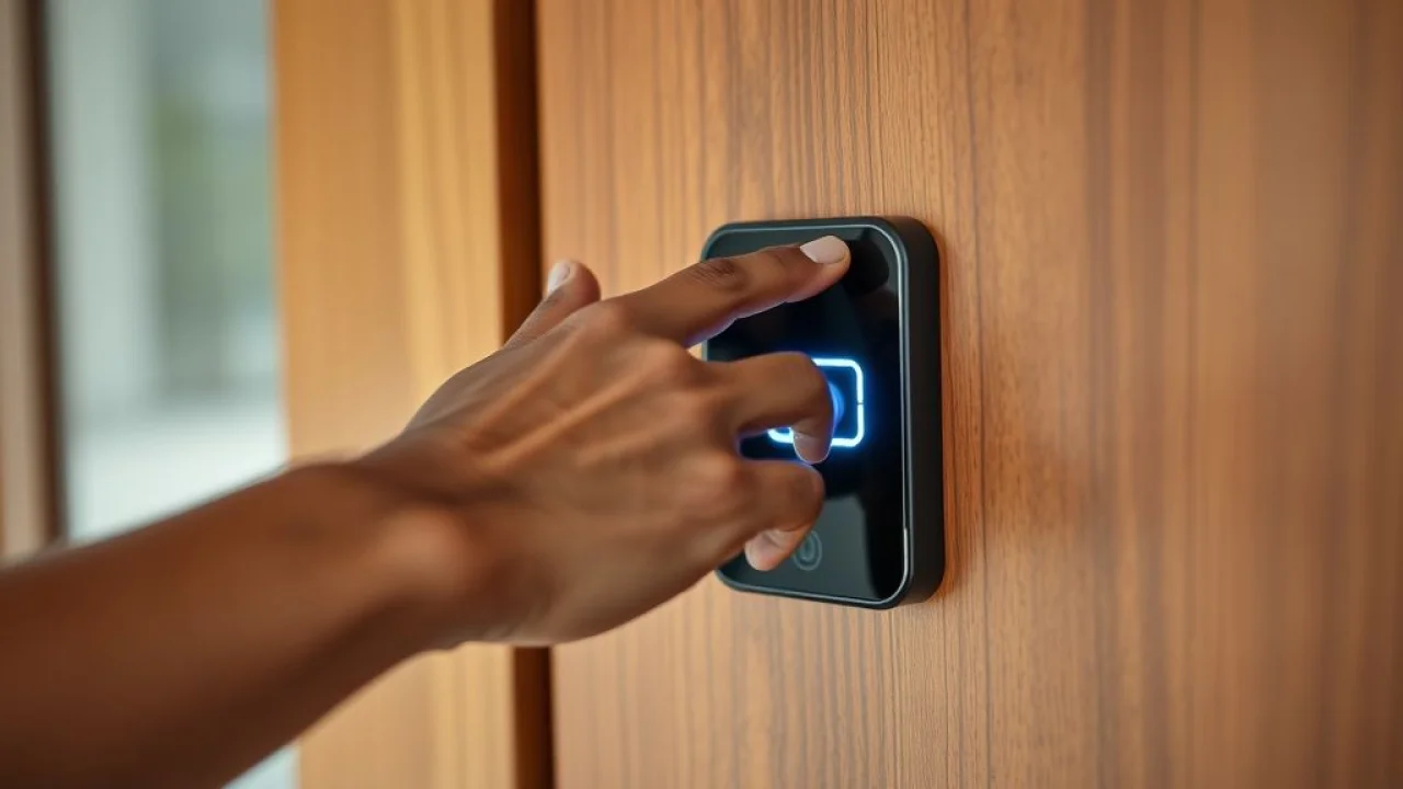 Mão brasileira destrancando porta com sensor biométrico: segurança e praticidade.