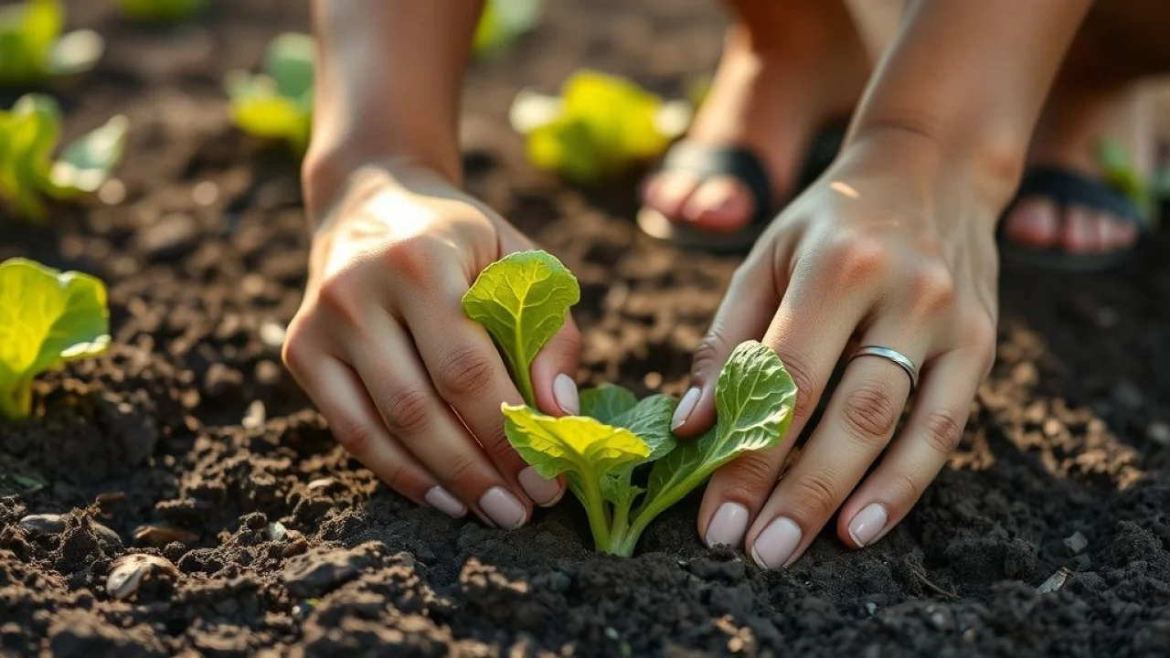 Mãos plantando sementes de alface em solo fértil.