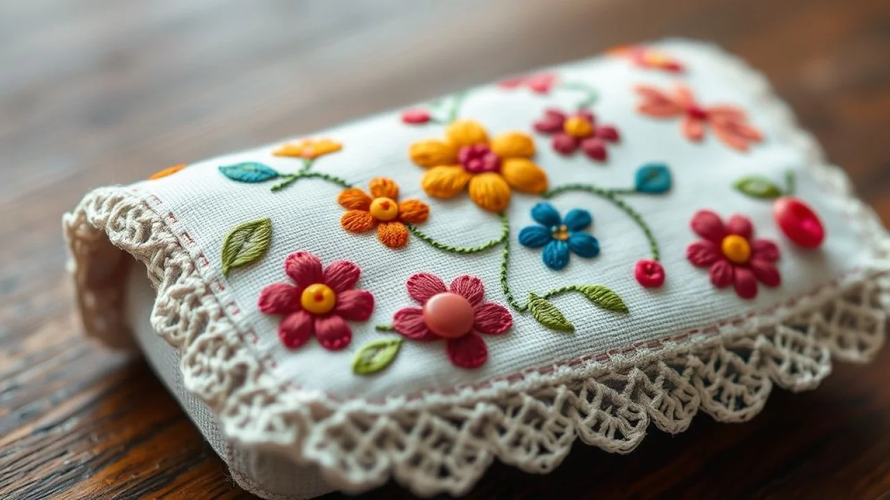 Porta-óculos de tecido customizado com bordados, rendas e botões coloridos, artesanato exclusivo brasileiro.