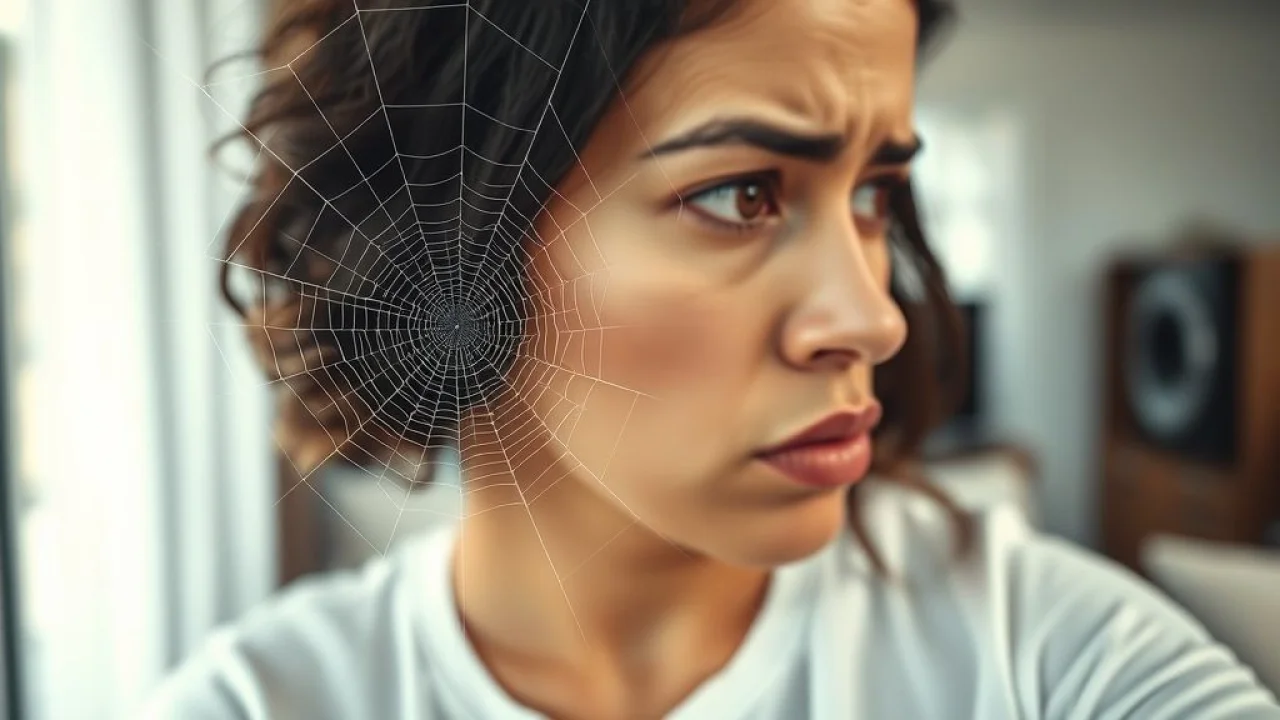 Mulher frustrada olhando teias de aranha em canto de sala limpa no Brasil.