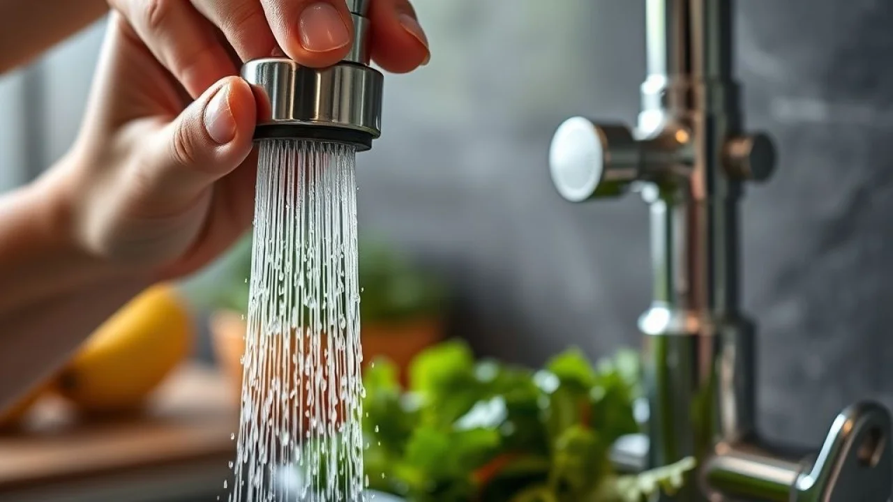 Detalhe da torneira gourmet com diferentes tipos de jato para lavar alimentos.