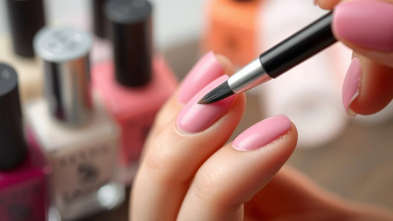 Close-up of a hand applying a thin layer of matte nail polish with a brush, professional product Aplicando esmalte matte: camada fina, pincel, sem excesso de produto.