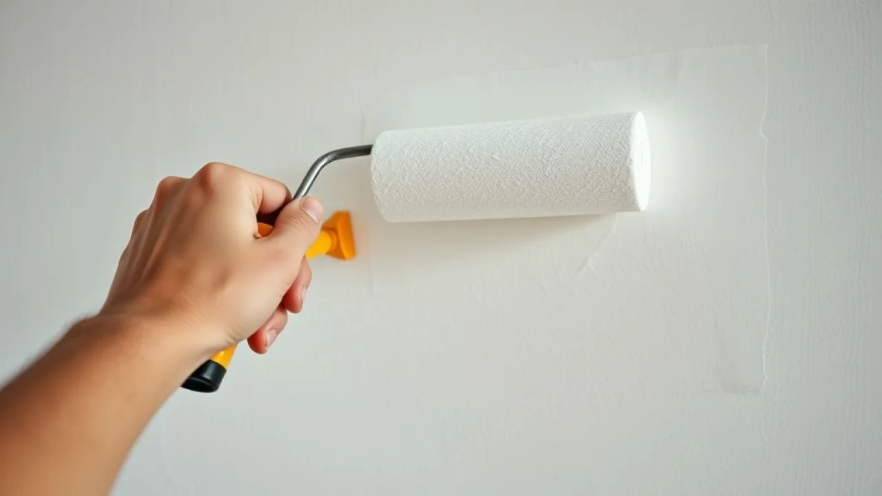 Mão aplicando primer branco em parede com rolo de pintura.