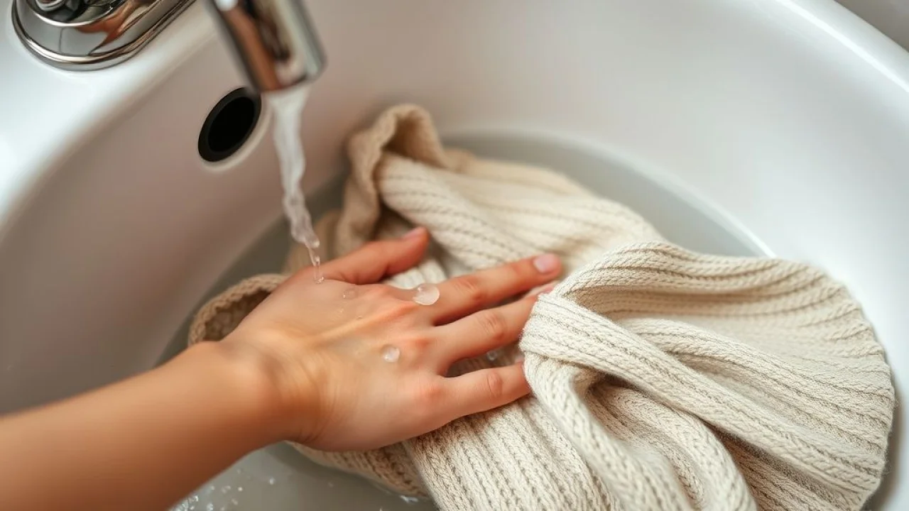 Mão lavando delicadamente um vestido de malha com sabão neutro.