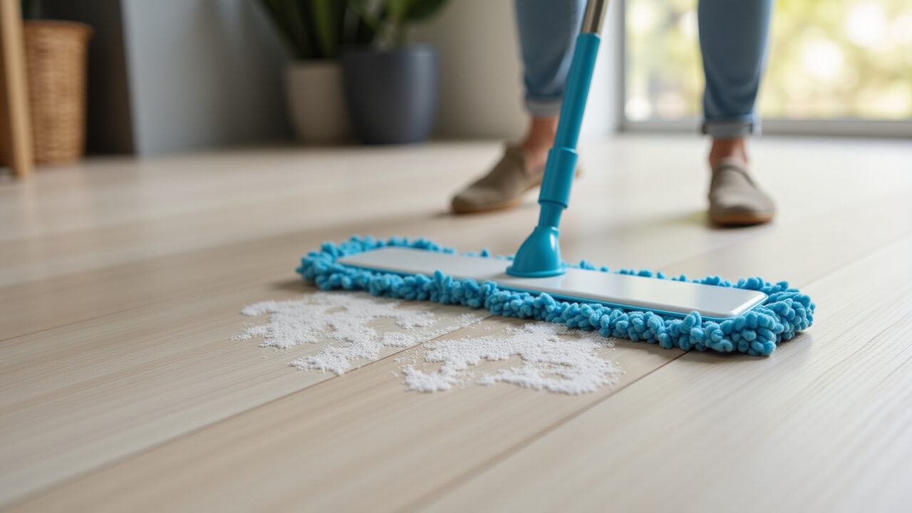 Mão limpando piso vinílico texturizado com um mop.