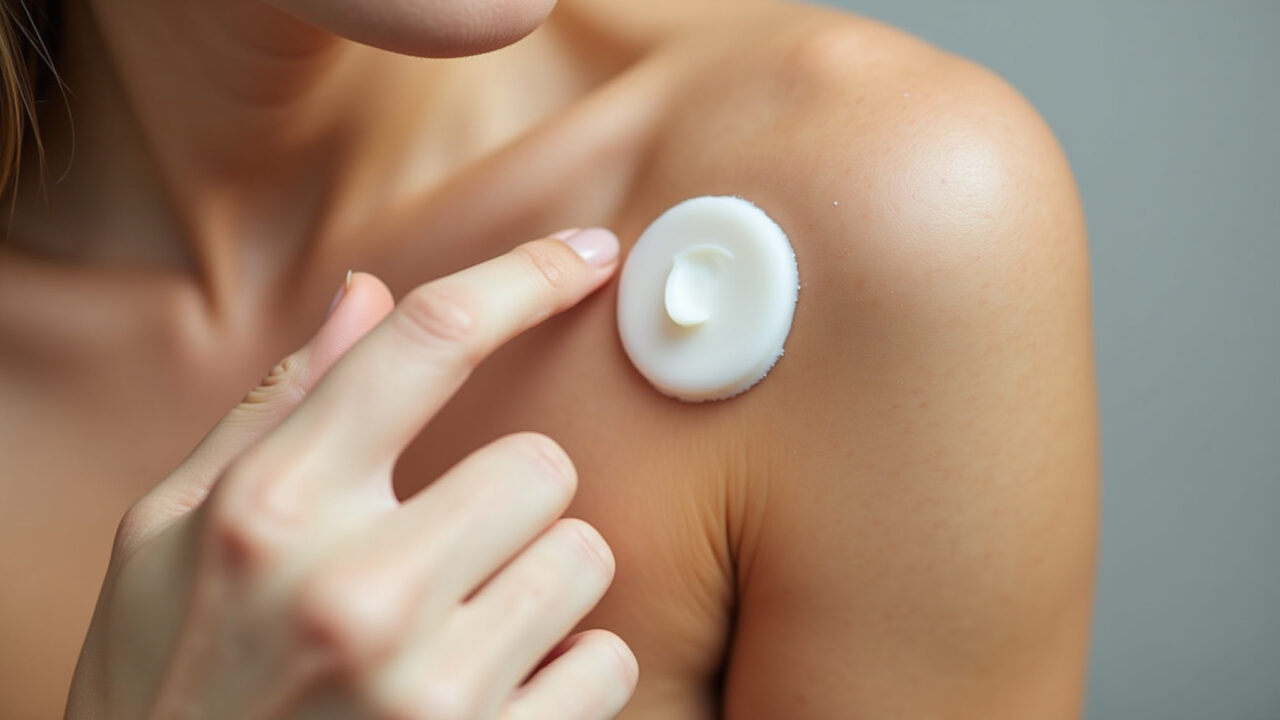 Aplicação suave de desodorante natural em pele sensível.