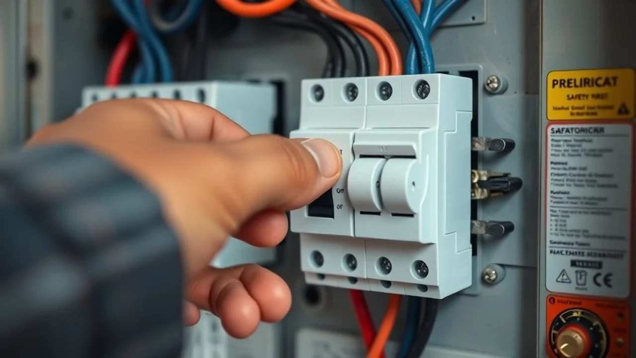 Mão desligando disjuntor para limpar ventilador de teto com segurança.