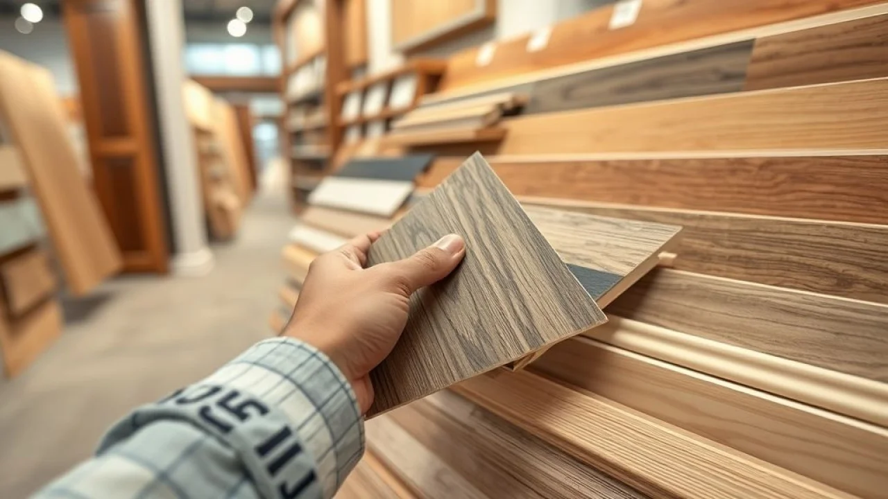 Seleção de amostras de piso e rodapé em loja de construção. Variedade de cores e materiais.