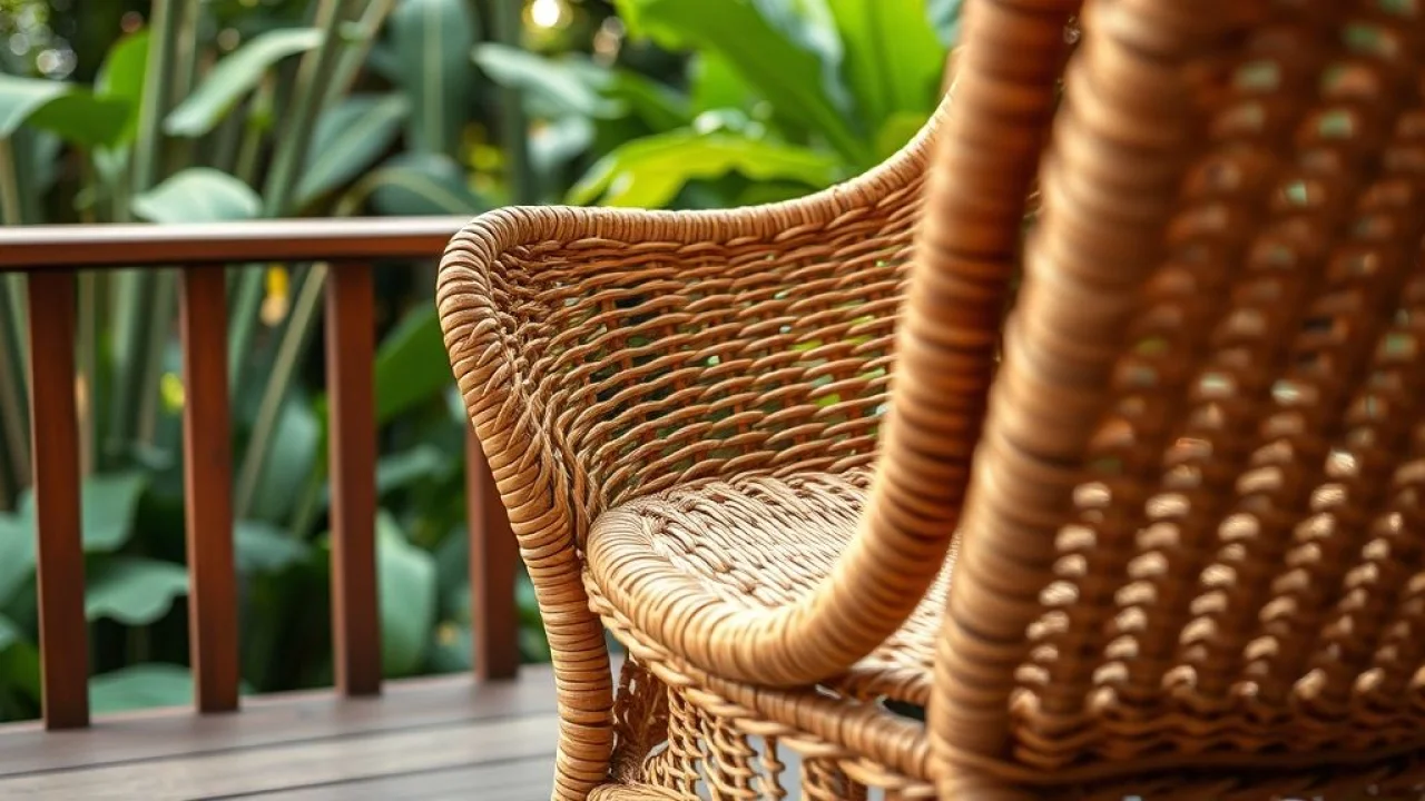 Cadeira de vime artesanal em deck de madeira com vista para jardim brasileiro.