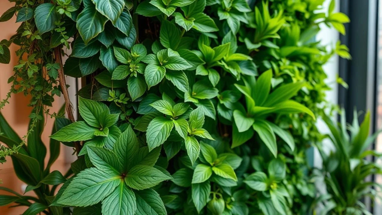 Jardim vertical exuberante em apartamento moderno, diversas texturas e cores.