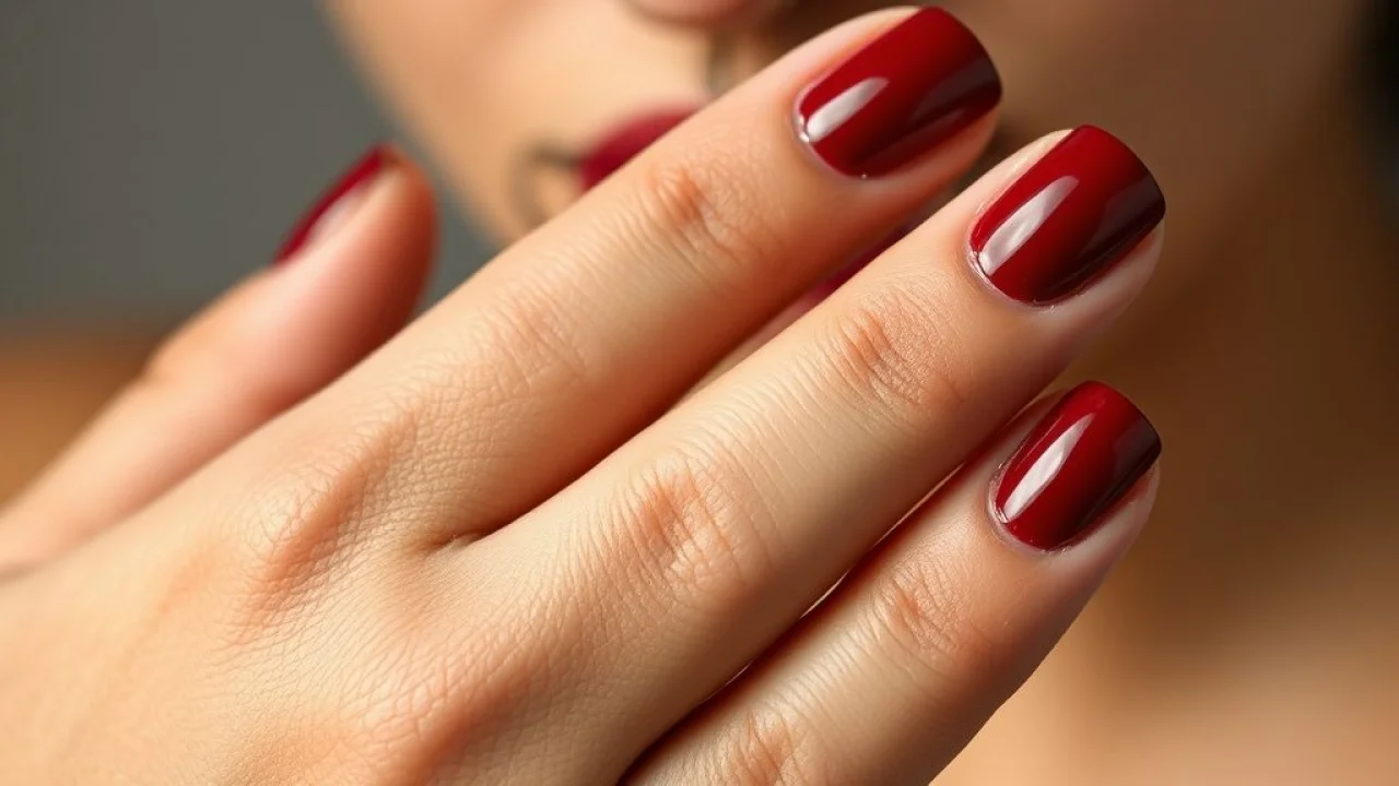 Mão com esmalte vermelho cereja escuro brilhante. Unhas impecáveis.