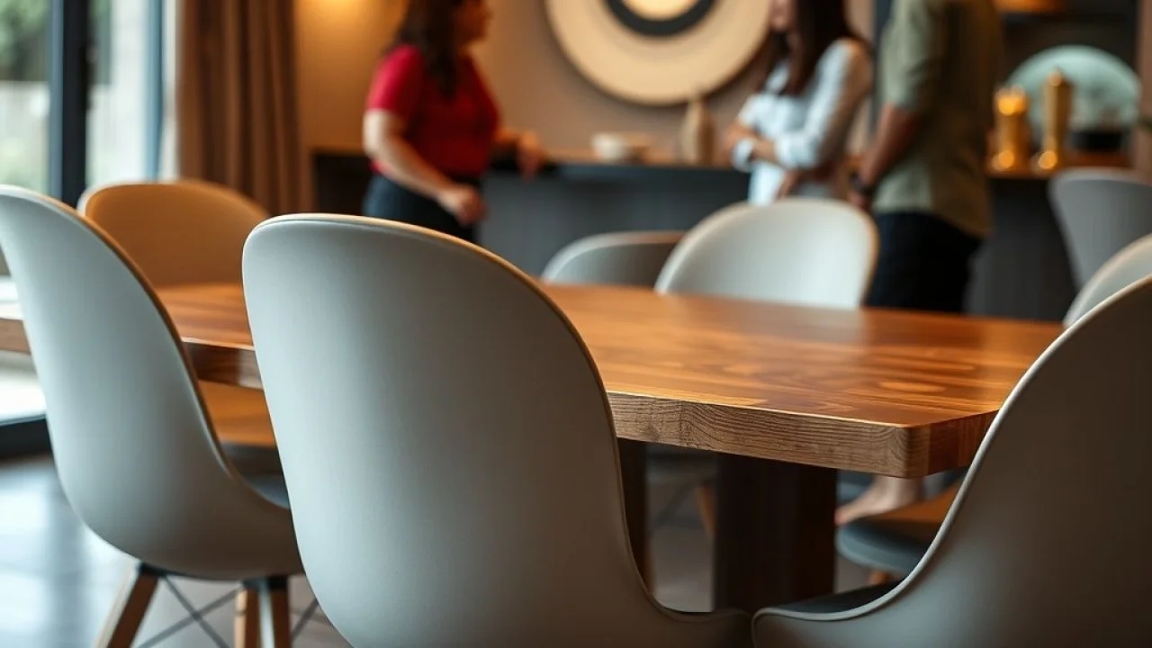 Cadeiras curvilíneas de design ergonômico em sala de jantar brasileira.