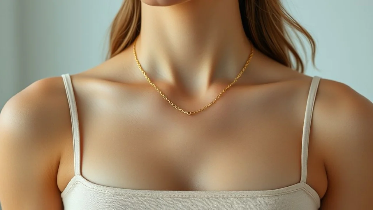 Mulher com blusa de decote quadrado e colar delicado, estilo moderno.