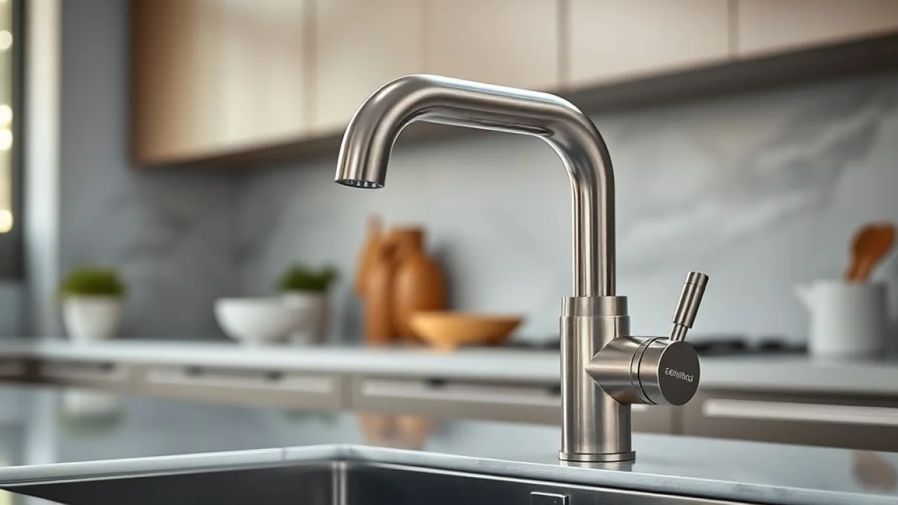 Detalhe de torneira gourmet de aço inoxidável em cozinha minimalista.