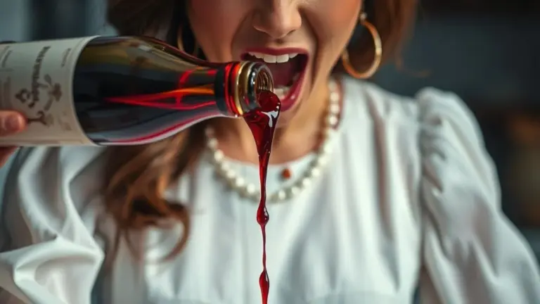 Mulher desesperada derrubando vinho tinto em vestido branco; mancha na roupa.