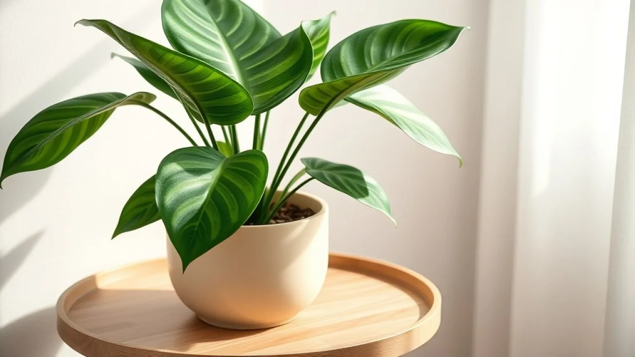 Close de Monstera artificial realista em vaso de cerâmica.