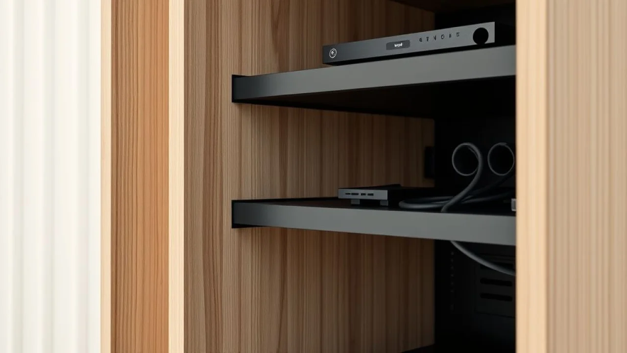 Detalhe de rack com painel, sistema de organização de cabos, design minimalista.