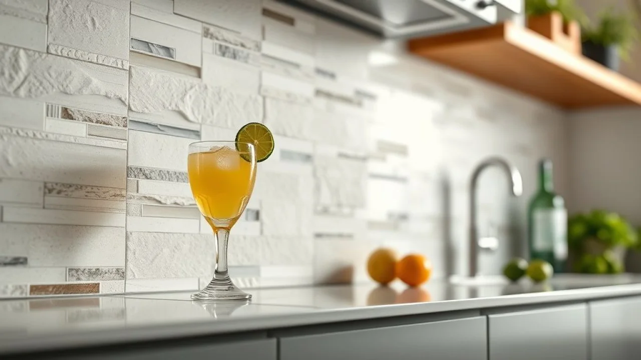 Detalhe de revestimento porcelanato texturizado em cozinha brasileira moderna.