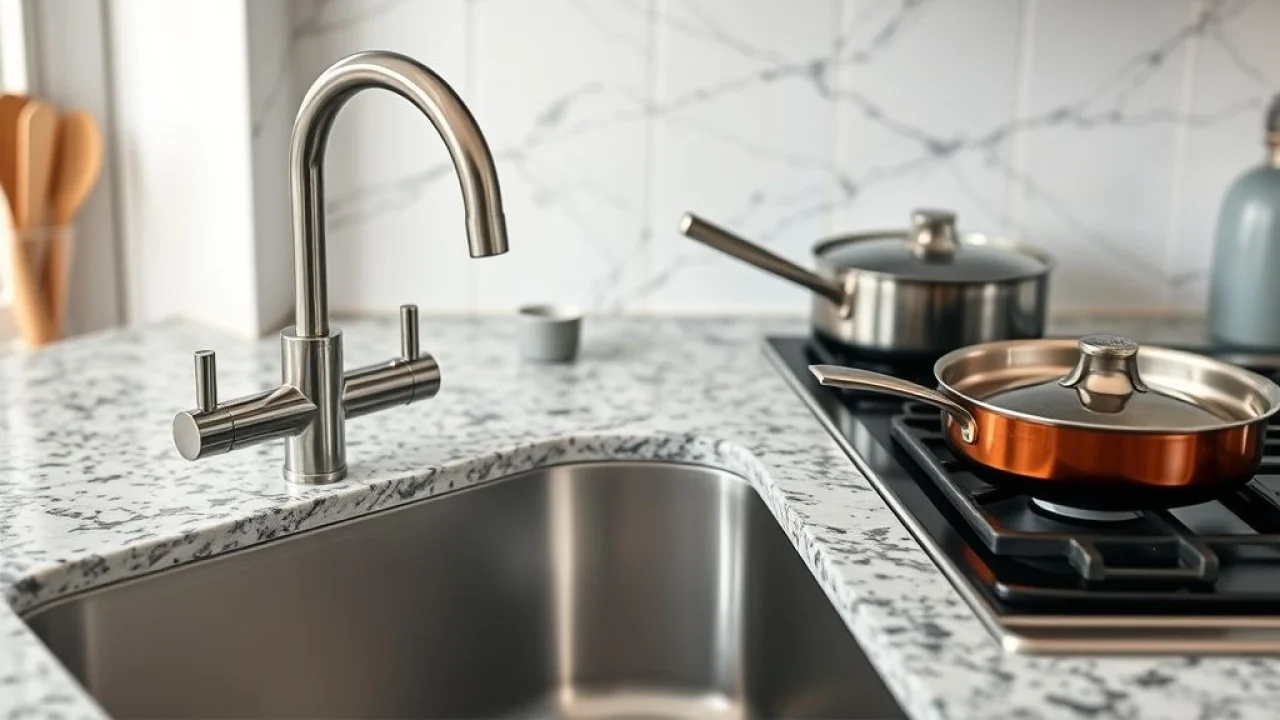 Bancada de cozinha organizada com pia, torneira e cooktop modernos.