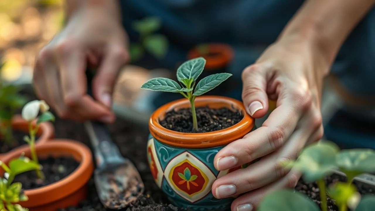 Close-up of a woman's hands carefully transplanting a small seedling into a colorful ceramic pot, Mãos de mulher transplantando muda pequena para vaso de cerâmica colorido.