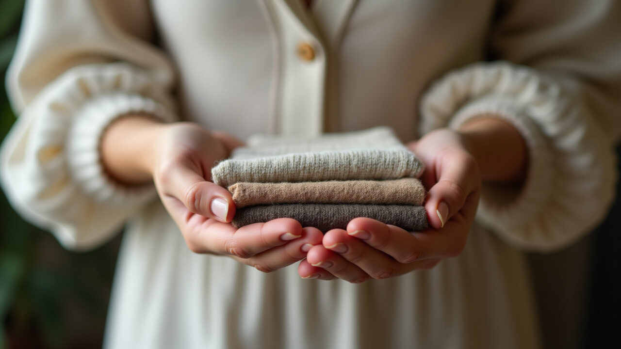 Mãos segurando roupas de algodão orgânico e tecido reciclado.