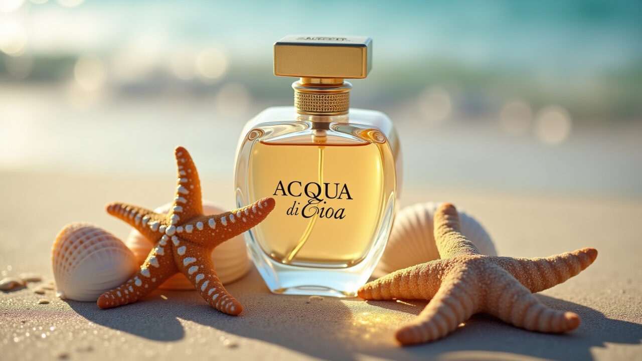 Frasco do perfume Acqua di Gioia em uma praia com conchas.