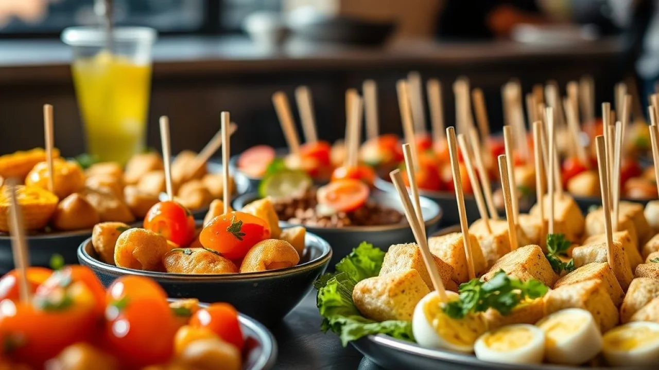 Mesa de buffet com finger foods saborosos e bem apresentados. Opções de buffet para eventos.