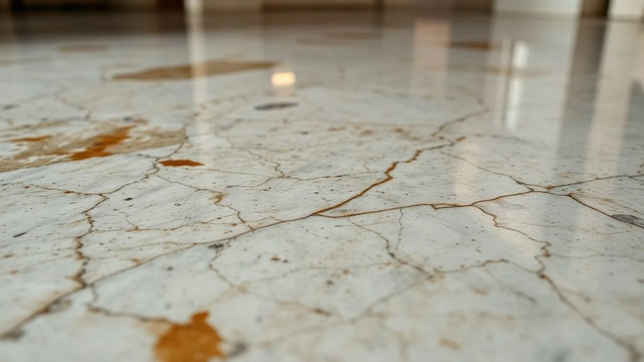 Detalhe de piso de mármore danificado com riscos e manchas, necessitando restauração.