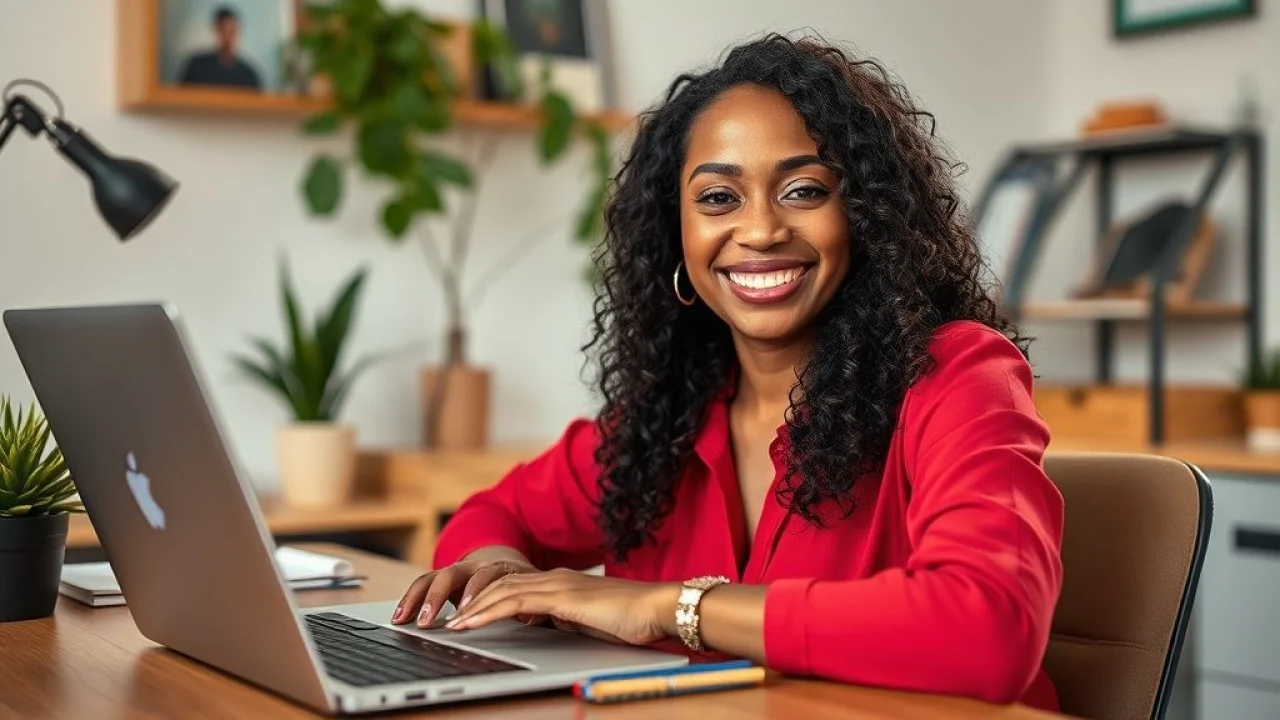 Mulher brasileira sorrindo trabalhando em home office organizado