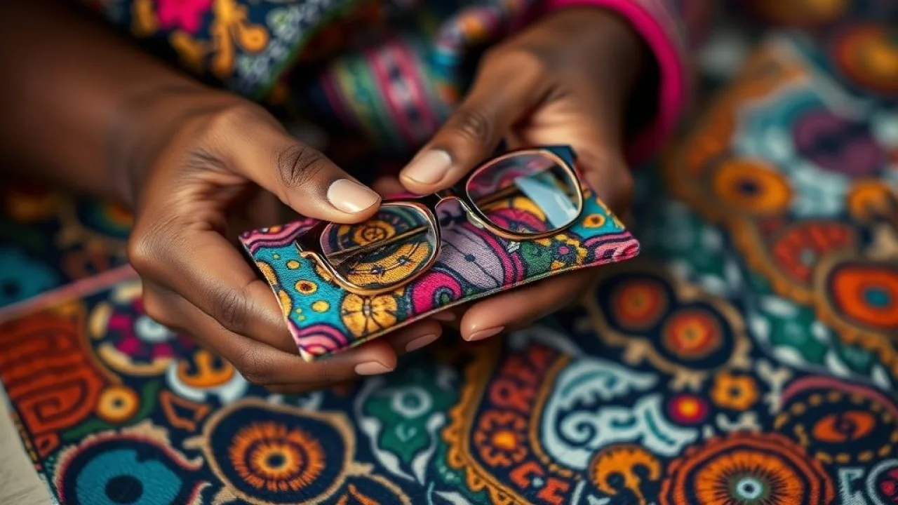 Mãos artesãs costurando porta-óculos de tecido colorido com detalhes intrincados, artesanato brasileiro.