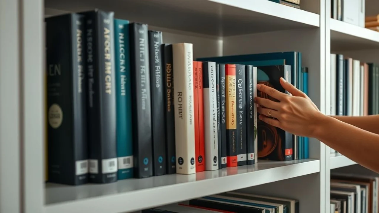 Mãos organizando livros coloridos em prateleira minimalista em casa brasileira.